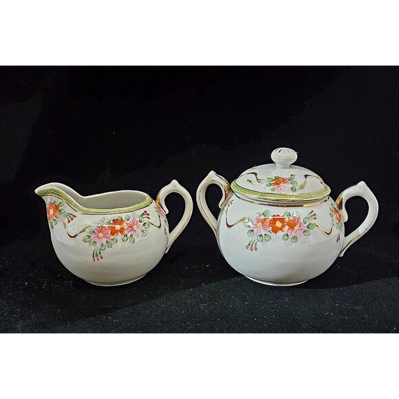 Antique Nippon Hand-Painted Creamer & Sugar Bowl Set Floral Design - Picture 2 of 10